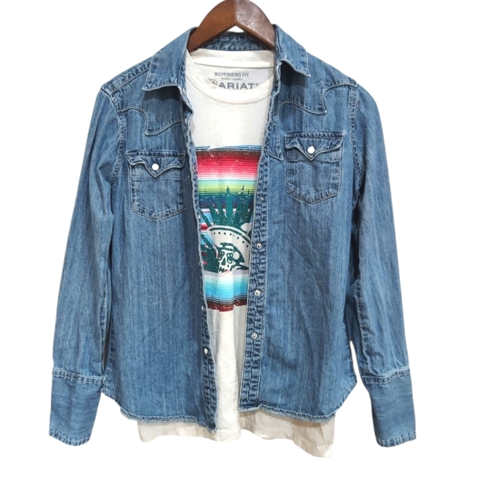 Girls Stetson Western Denim Pearl Snap Long Sleeve Shirt